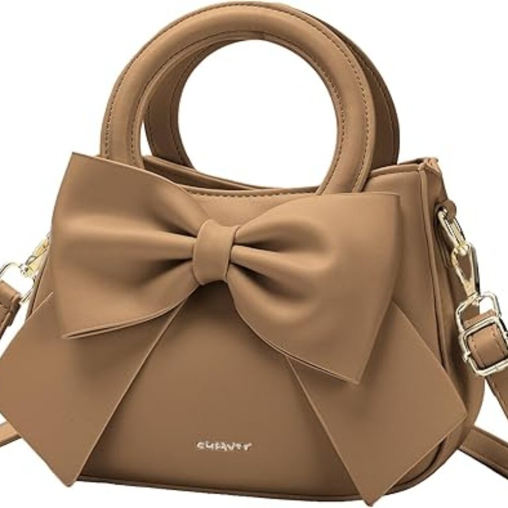 Luxury Style Trendy Purse Brown Vegan Leather Crossbody Bow Bag